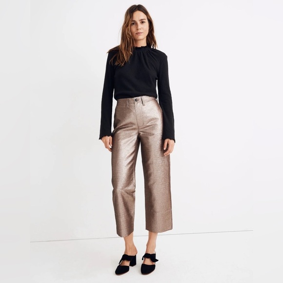Madewell Slim Emmett Wide-Leg Crop rose gold sparkle metallic trouser pant 28 - Picture 1 of 13